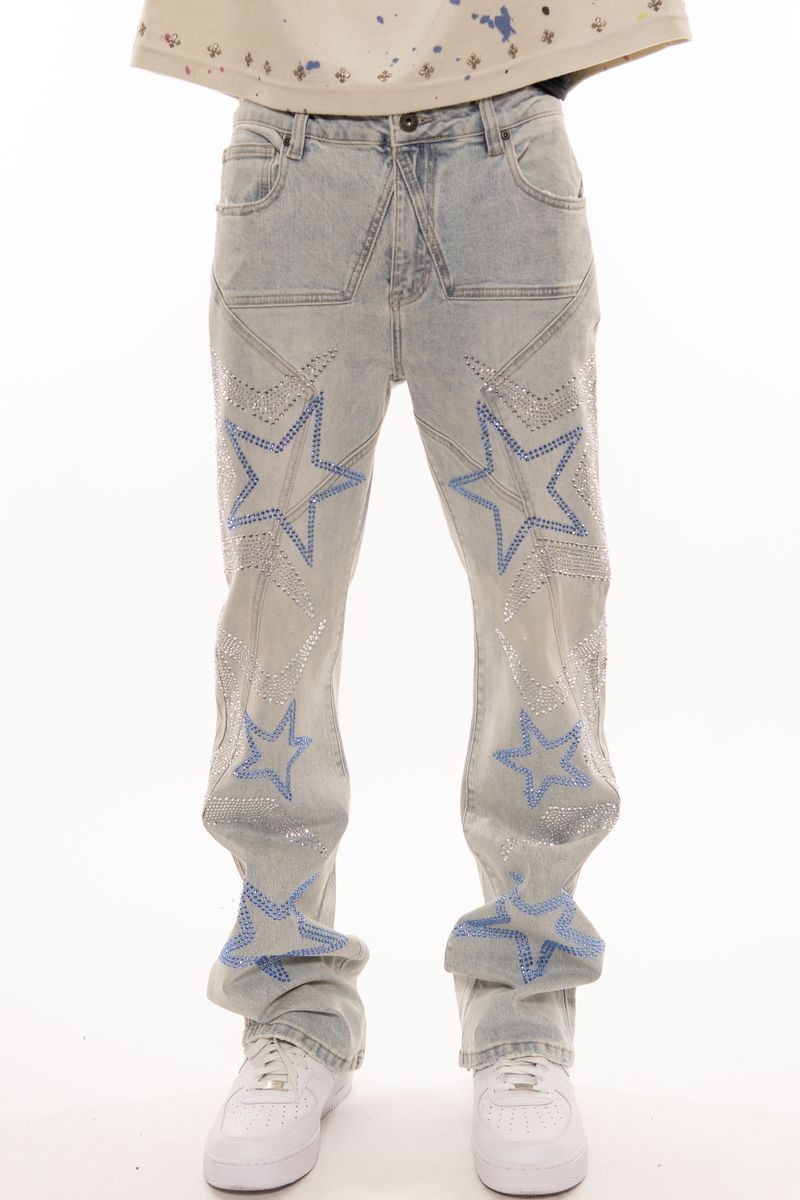 STAR EMBELLISHED RHINESTONE RELAXED FLARED FIT DENIM LIGHT BLUE image 0