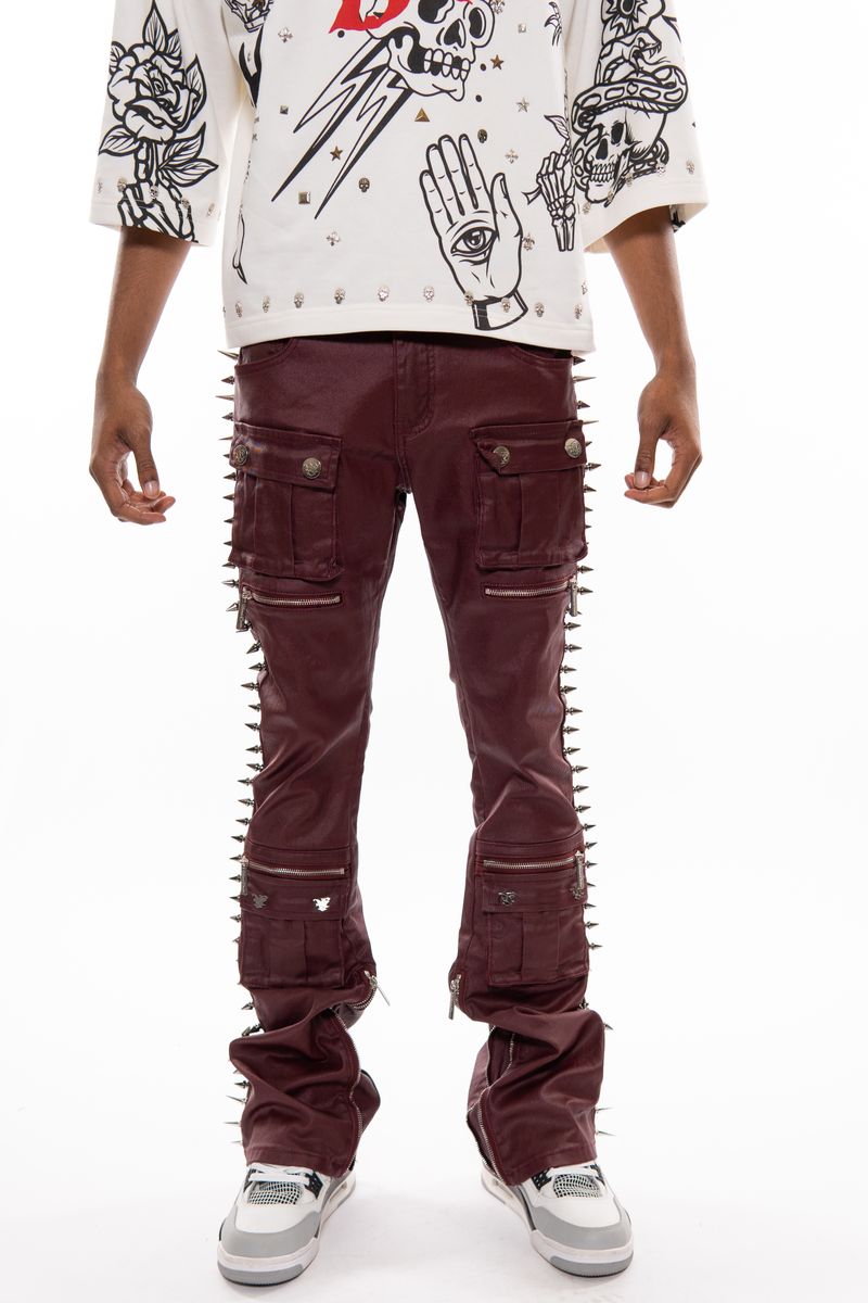 Wax Coated Spiked Skinny Boot Cut Denim - Burgundy