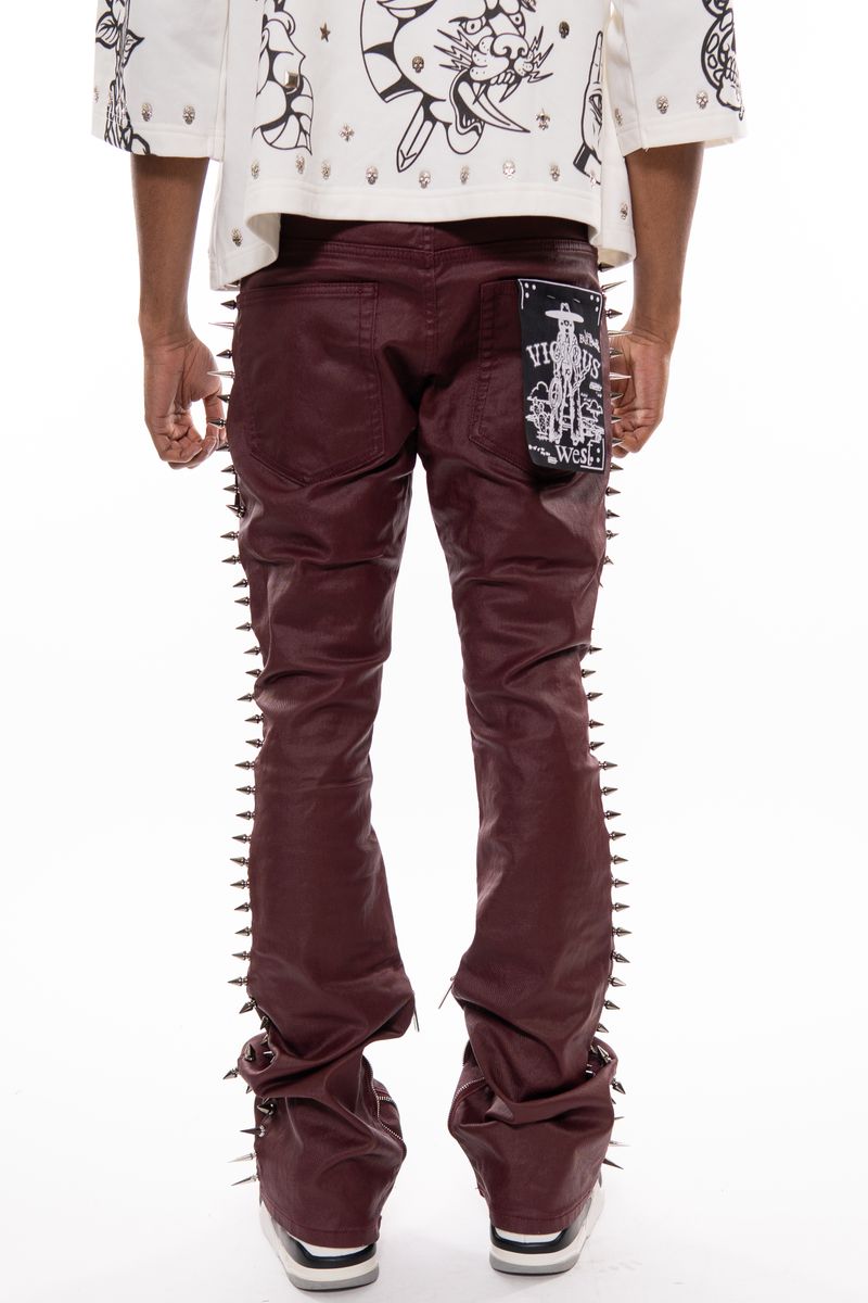 Wax Coated Spiked Skinny Boot Cut Denim - Burgundy