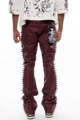 Wax Coated Spiked Skinny Boot Cut Denim - Burgundy