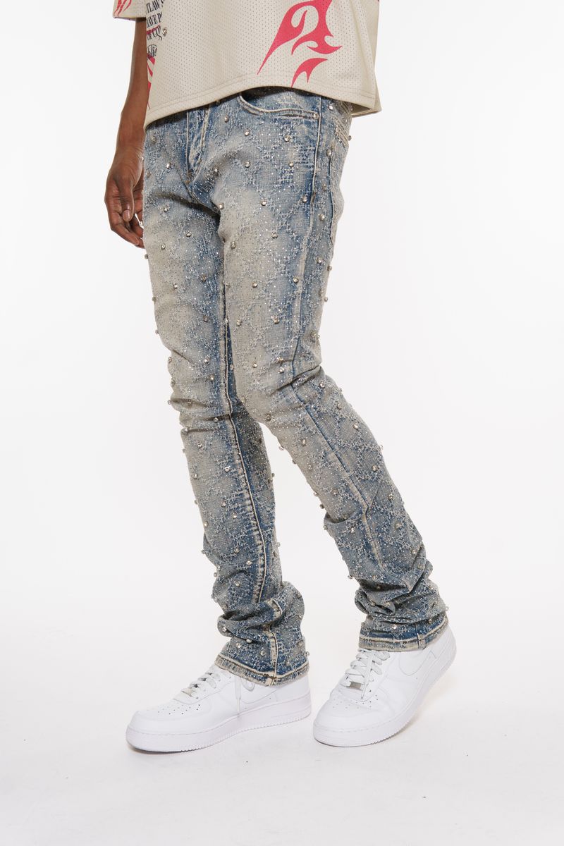 Embellish Rhinestone Flare Denim - Blue