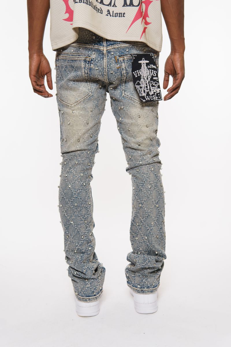 Embellish Rhinestone Flare Denim - Blue