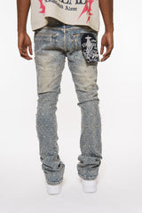 Embellish Rhinestone Flare Denim - Blue