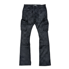 Wax Coated & Printed Cargo Skinny Boot Cut Denim With Arts Details - Coated Black