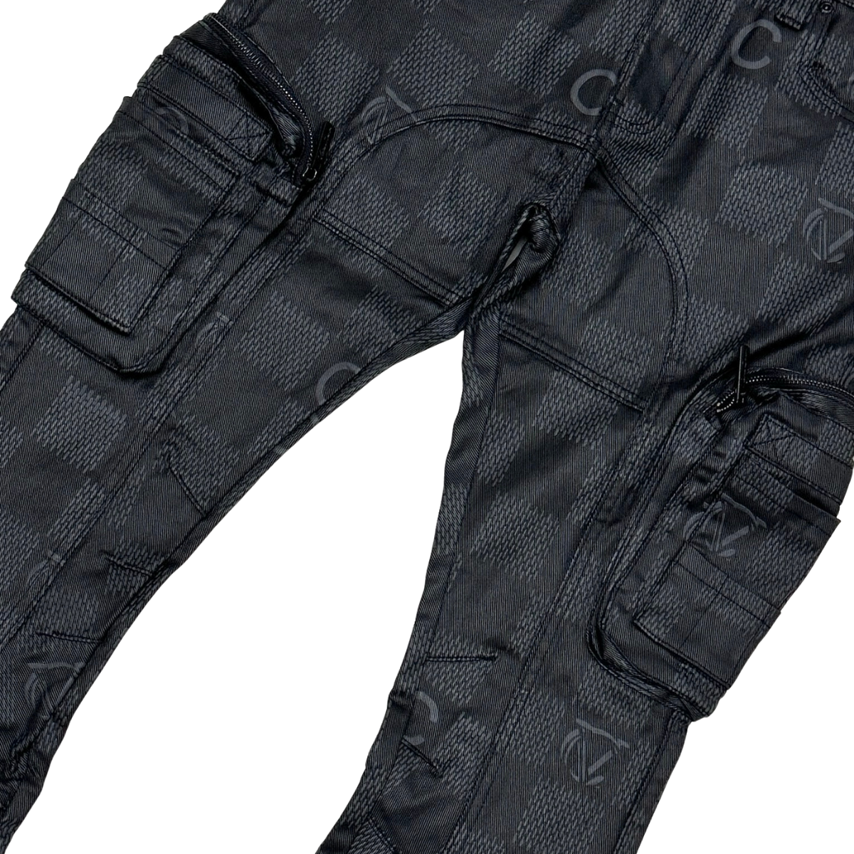 Wax Coated & Printed Cargo Skinny Boot Cut Denim With Arts Details - Coated Black