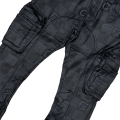 Wax Coated & Printed Cargo Skinny Boot Cut Denim With Arts Details - Coated Black