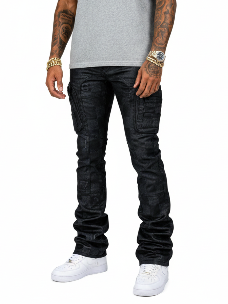 Wax Coated & Printed Cargo Skinny Boot Cut Denim With Arts Details - Coated Black
