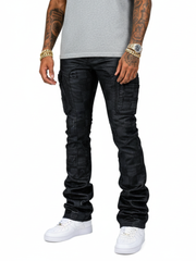 Wax Coated & Printed Cargo Skinny Boot Cut Denim With Arts Details - Coated Black