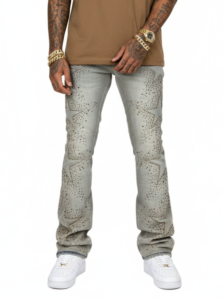 Embellished Rhinestone Star Skinny Boot Cut Denim - Reverse Indigo