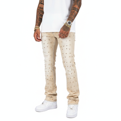Embellish Rhinestone Skinny Boot Cut Denim - Khaki