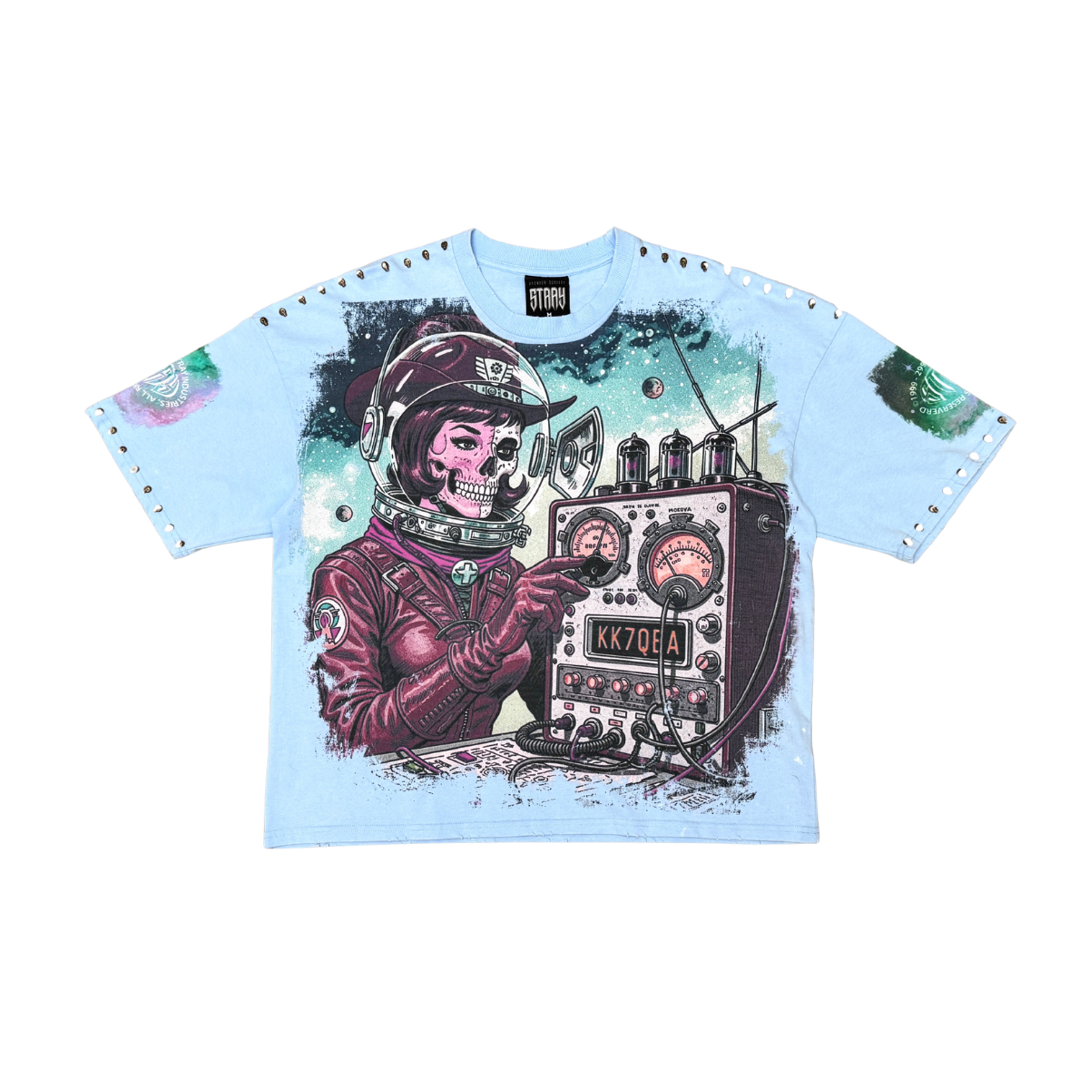 Acid Washed, Digital Print Metal Stud Trim T-shirt - Slate - ST1700