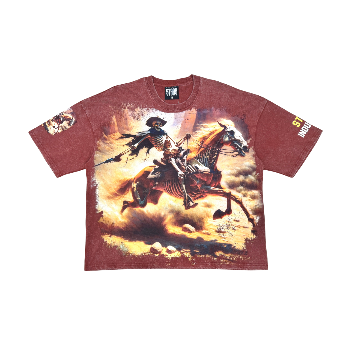 Acid Washed, Digital Print Metal Stud Trim T-shirt - Carob - ST1736