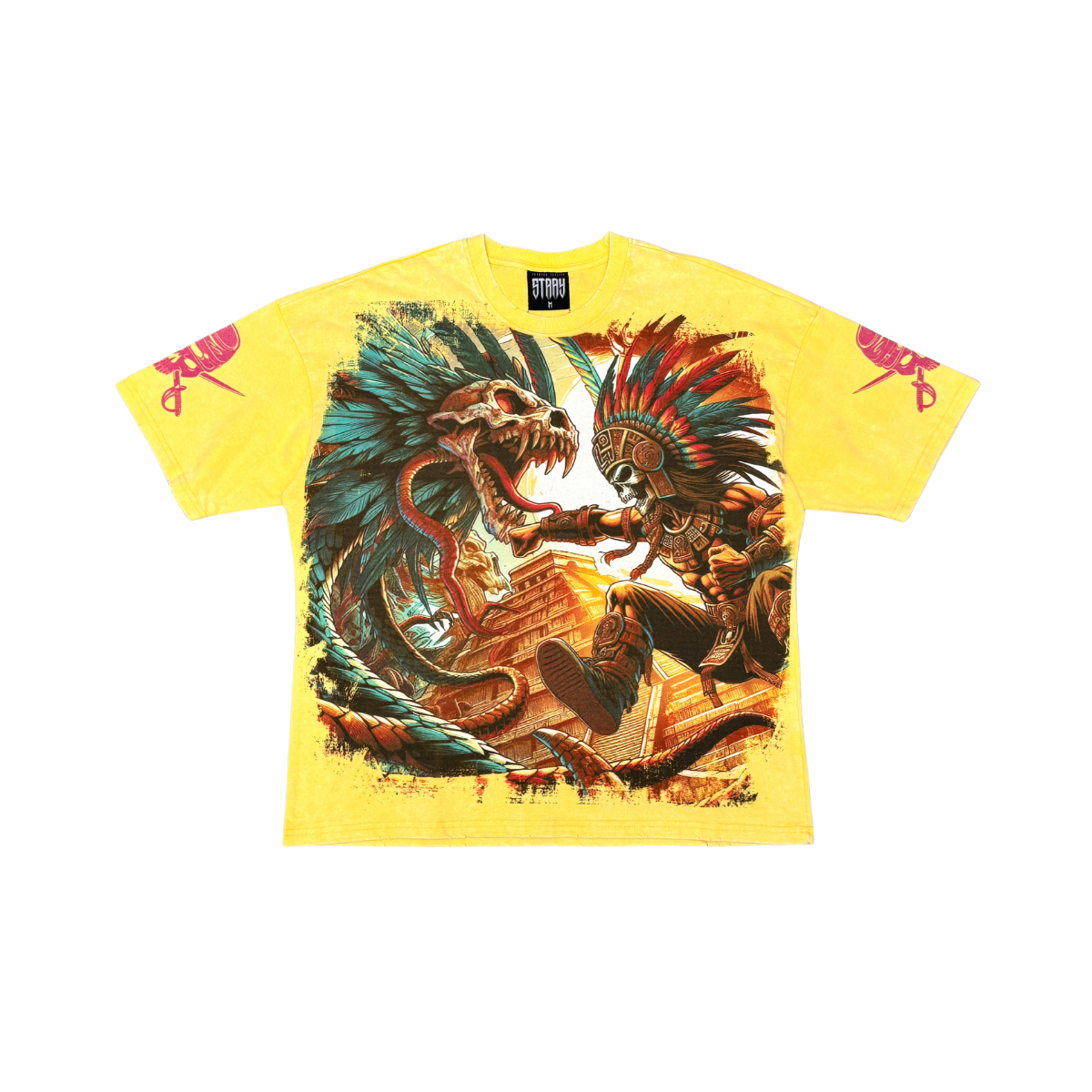 Acid Washed, Digital Print Metal Stud Trim T-shirt - Yellow - ST1751