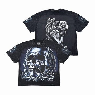 Acid Washed, Digital Print Metal Stud Trim T-shirt - Black - ST1728