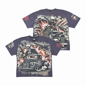 Acid Washed, Digital Print Metal Stud Trim T-shirt - Charcoal - ST1755