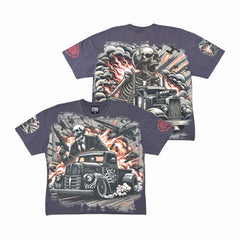 Acid Washed, Digital Print Metal Stud Trim T-shirt - Charcoal - ST1755