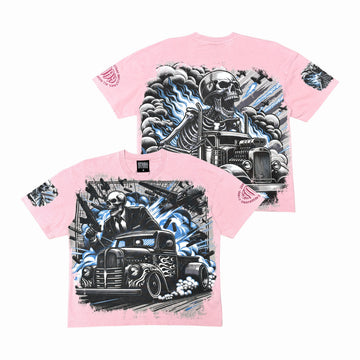 Acid Washed, Digital Print Metal Stud Trim T-shirt - Dust Pink - ST1755