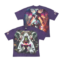 Acid Washed, Digital Print Metal Stud Trim T-shirt - Dark Purple - ST1742