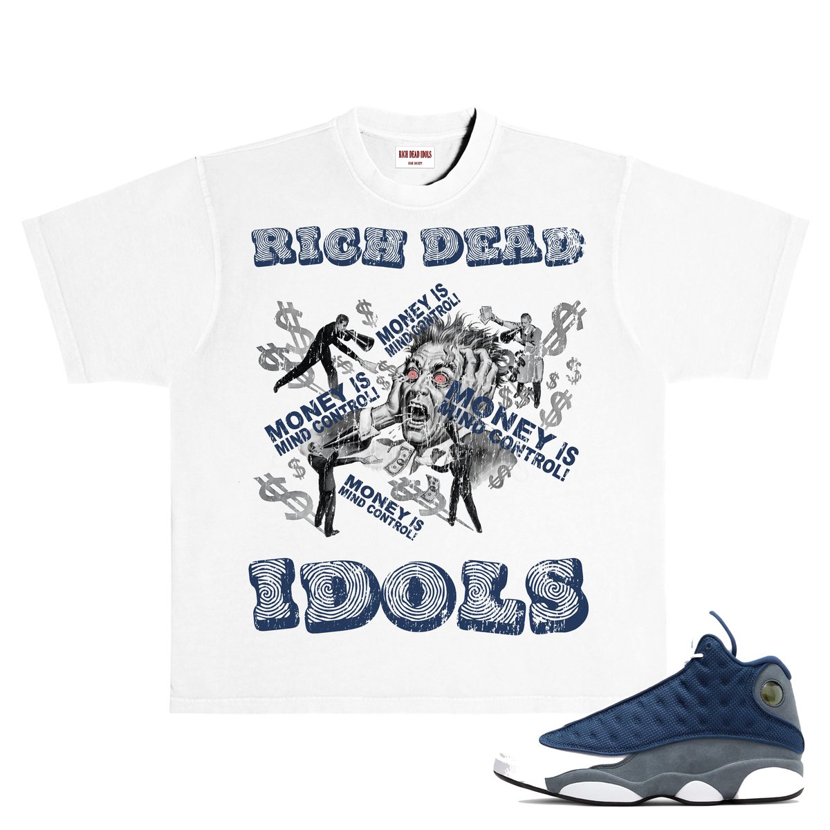 MONEY IS MIND CONTROL T-SHIRT — WHITE & BLUE