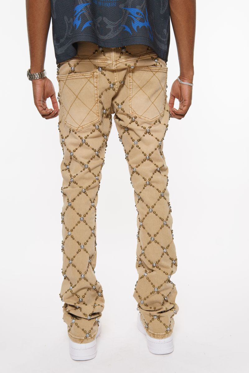 EMBELLISHED STONE FLARE DENIM DIRTY TAN image 1