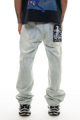 STAR EMBELLISHED RHINESTONE RELAXED FLARED FIT DENIM LIGHT BLUE image 1