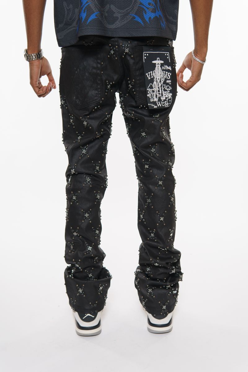 EMBELLISHED STONE FLARE DENIM COATED BLK image 1
