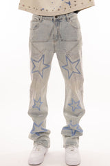 STAR EMBELLISHED RHINESTONE RELAXED FLARED FIT DENIM LIGHT BLUE image 0