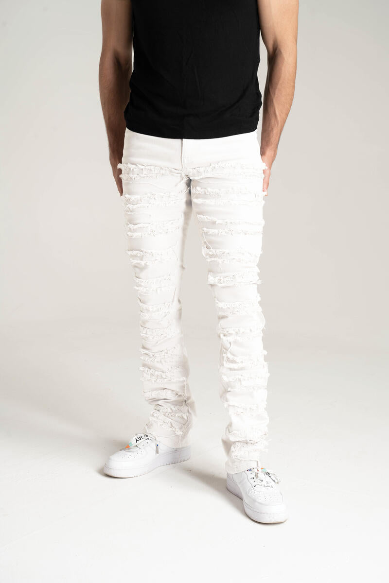 STRETCH STACKED TWILL PANTS WITH FRAYED PATCH image 0