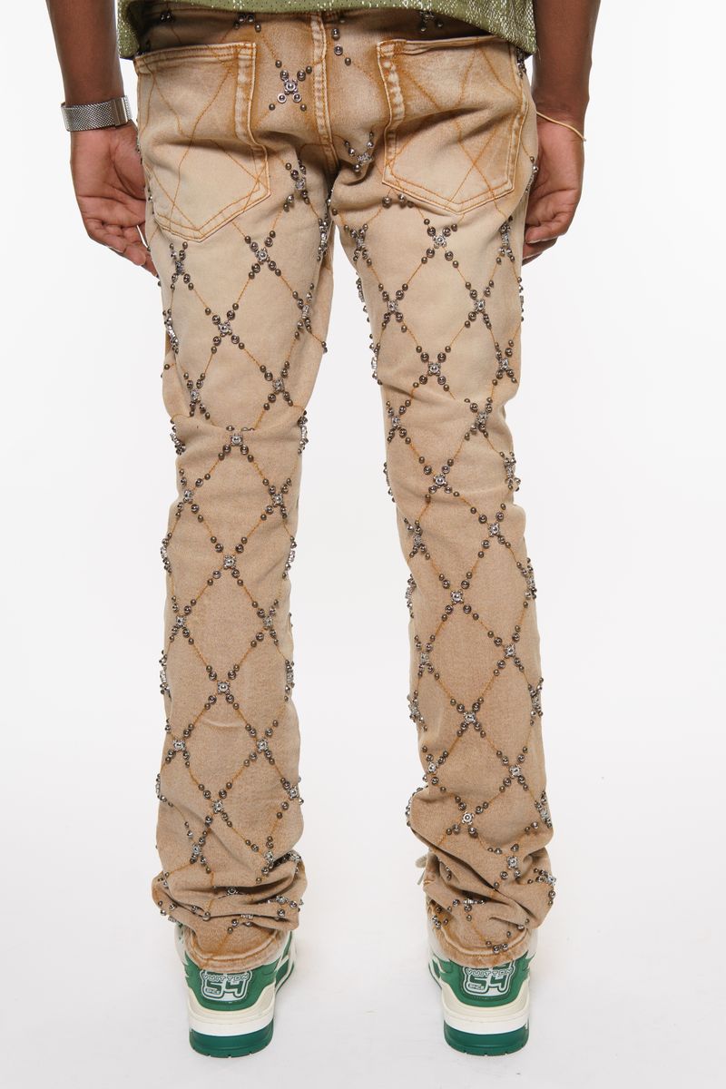 EMBELLISHED STONE FLARE DENIM TAN image 1
