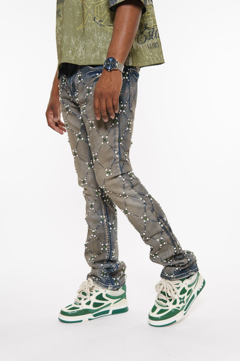 EMBELLISHED STONE FLARE DENIM DIRTY INDIGO image 0