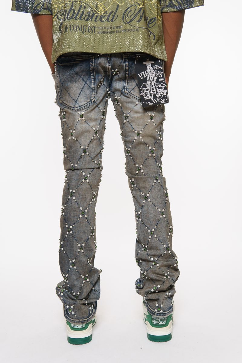 EMBELLISHED STONE FLARE DENIM DIRTY INDIGO image 1