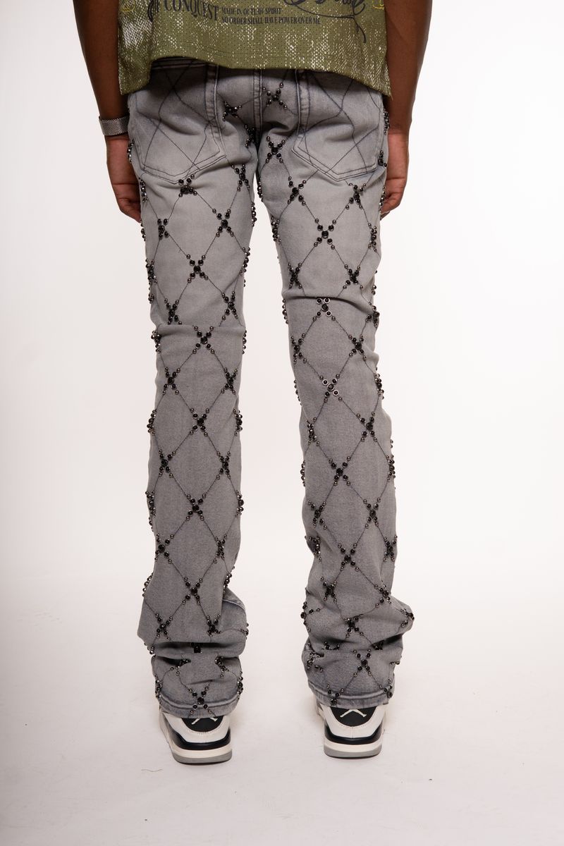EMBELLISHED STONE FLARE DENIM GREY image 1